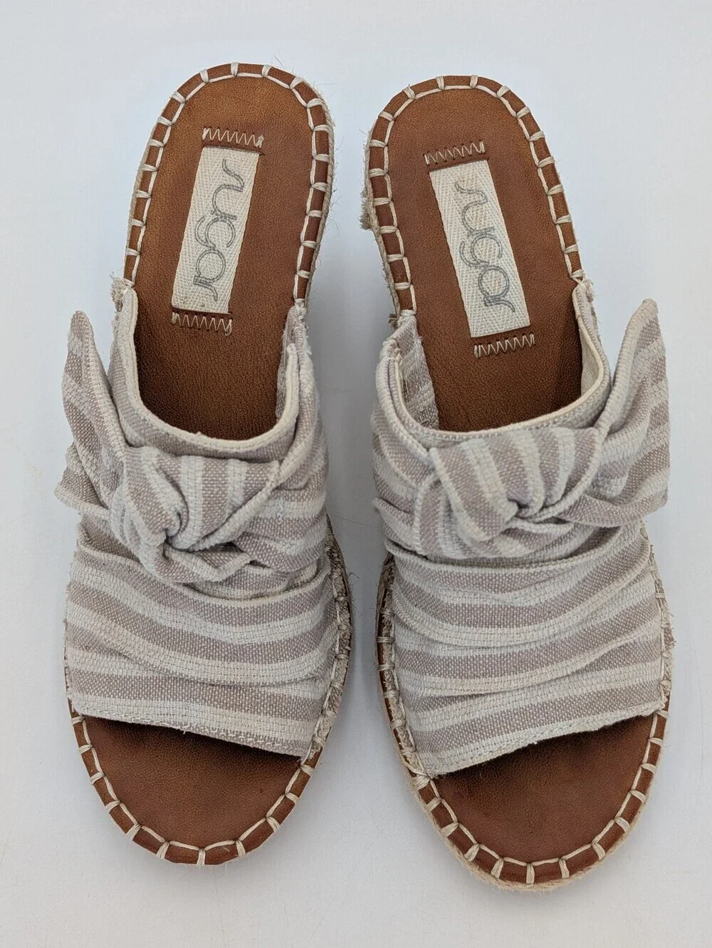 Sugar Hundreds Sz 10M Cream/Tan Canvas Knotted Bow Espadrille Wedge Mule